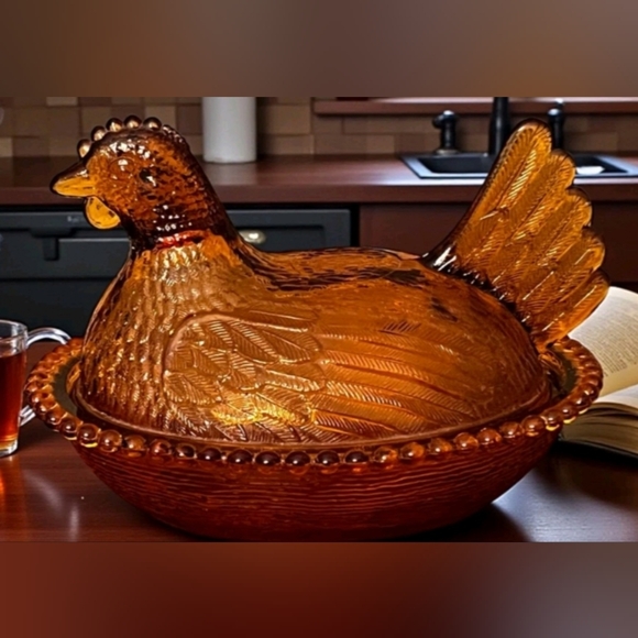 * LID ONLY* Vintage Amber Glass Hen - Picture 13 of 13